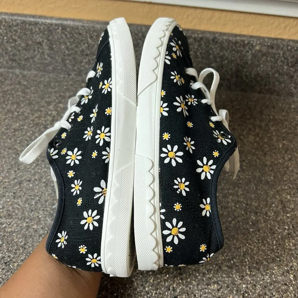 kate spade new york Sneaker Floral Daisies Canvas Black Women Sz 7.5 Lace Up Low